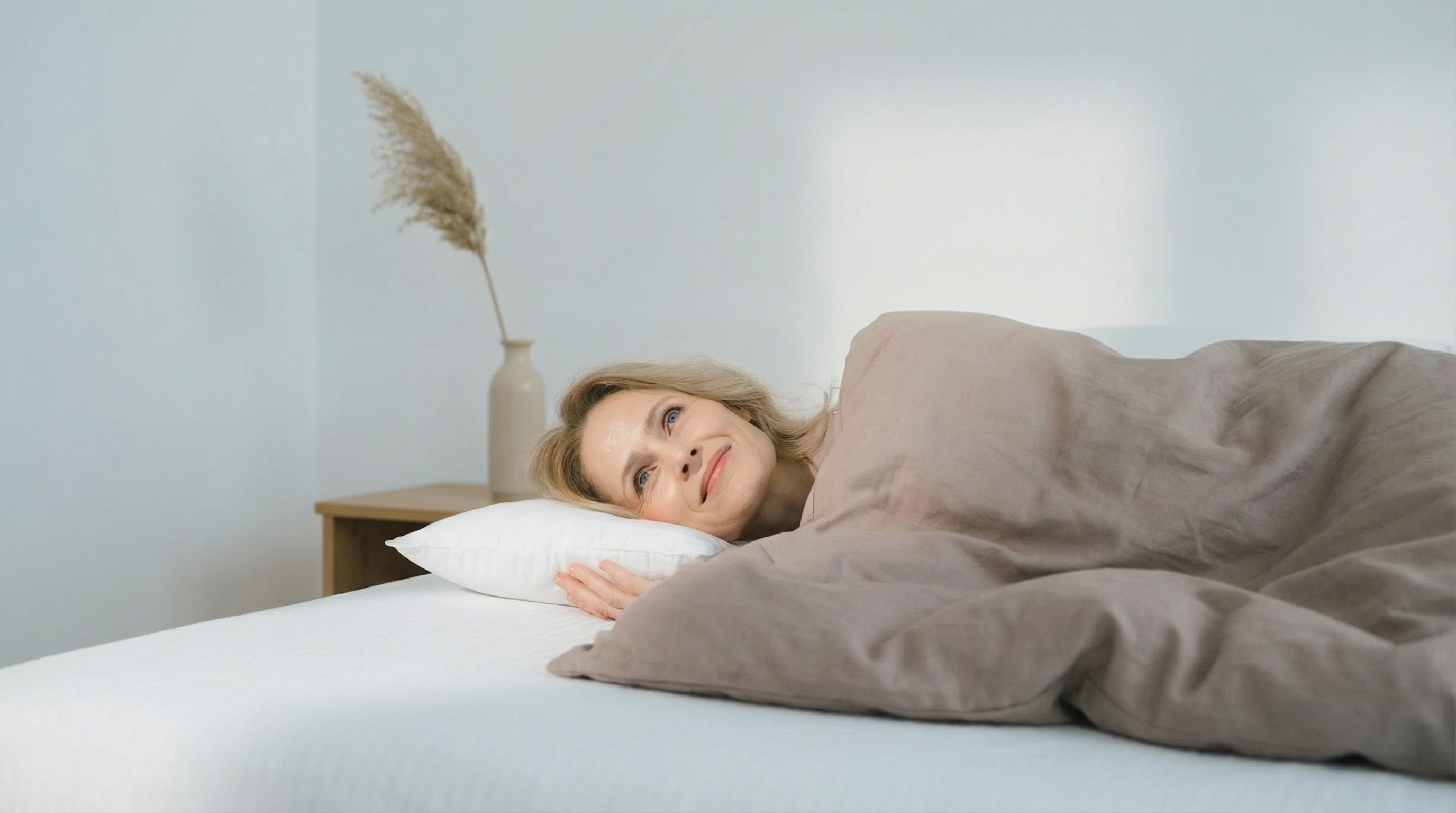 A person resting on a white pillow in a calm bedroom.